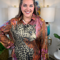 Leopard Motif Satin Button-Down