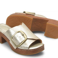 A pair of women's open-toe clog sandals with metallic silver straps, gold-tone buckles, and brown wooden platform soles, shown on a white background.