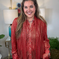 Tie One On Top in red plissé with gold metallic detail