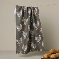 Tea Towel with chicken pattern on a dark gray background