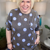 Seeing Spots Curvy Top in dark gray with periwinkle polka dots