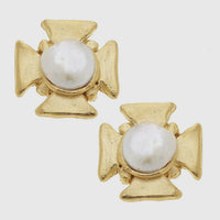 Susan Shaw Gold Cross with Genuine Freshwater Pearl Earrings