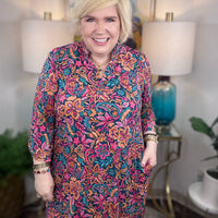 Dear Scarlett stretchy colorful floral dress with pink orange blue and teal tones