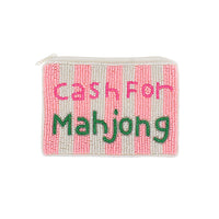 Pink and white striped beaded pouch with “Cash for Mahjong” design
