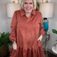 Rust suede women's tiered dress with pockets