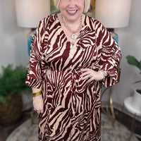 Cream silky kaftan dress with chocolate zebra print with optional waist tie