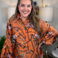 Draped Equestrian Motif Satin Blouse