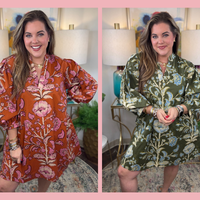 Olive and rust floral dress with V-neck and 3/4-length balloon sleeves