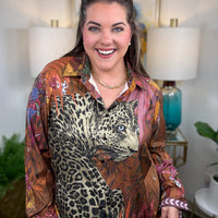 Leopard Motif Satin Button-Down
