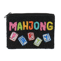 Black beaded mahjong pouch with colorful lettering and tile details