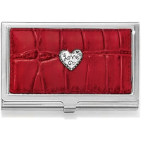 Red textured business card holder with a silver heart charm