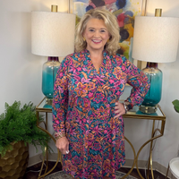 Dear Scarlett stretchy colorful floral dress with pink orange blue and teal tones