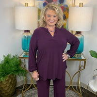 Dear Scarlett matching available in black, chocolate, plum, and red with V-neck and curved hem
