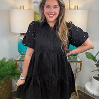 Women's faux suede button down dress available in black and crimson