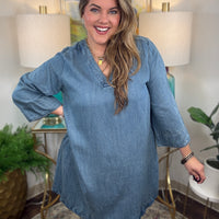 Denim shift dress with bell sleeves and back neck tie