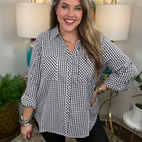 Absolute Delight Top, a classic black and white gingham button-down top with a timeless checkered pattern.