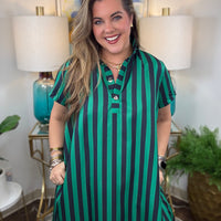 Women's high-neck striped dress with gold button detail