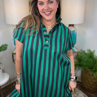 Women's high-neck striped dress with gold button detail