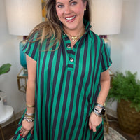 Women's high-neck striped dress with gold button detail