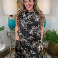 Women's black embroidered midi dress with adjustable neck tie