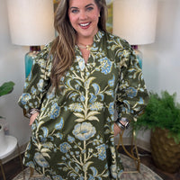 Olive floral dress with V-neck and 3/4-length balloon sleeves