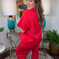 Women's jogger lounge set with raw stitching in red or black