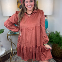 Rust suede women's tiered dress with pockets