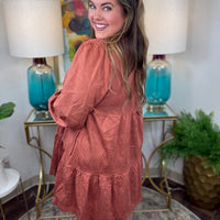 Rust suede women's tiered dress with pockets