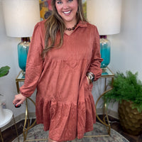 Rust suede women's tiered dress with pockets