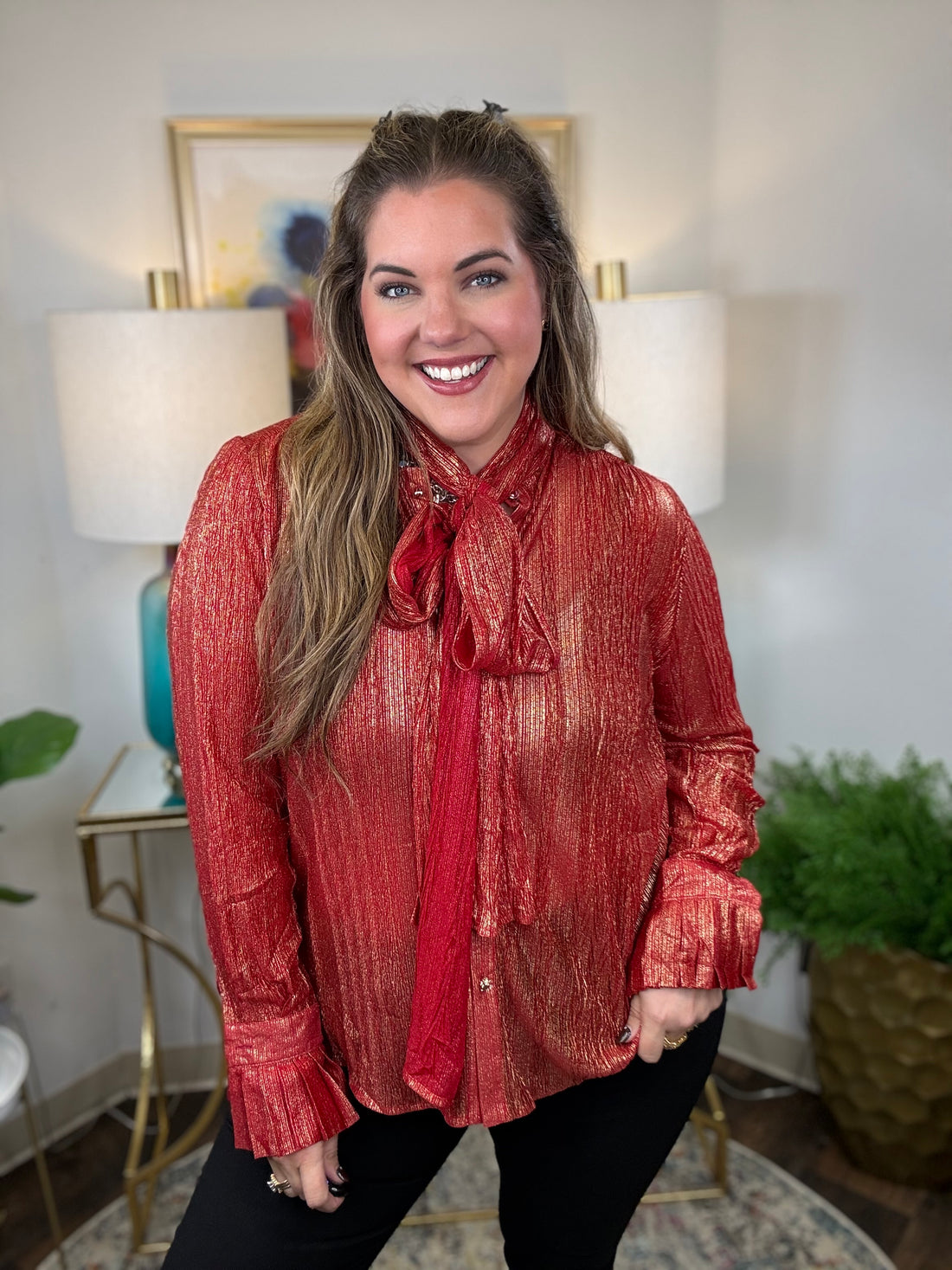 Tie One On Top in red plissé with gold metallic detail