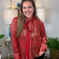 Tie One On Top in red plissé with gold metallic detail