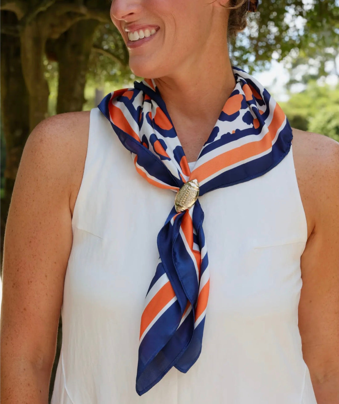 Caroline Hill | Meredith Spotted Scarf-Navy/Orange