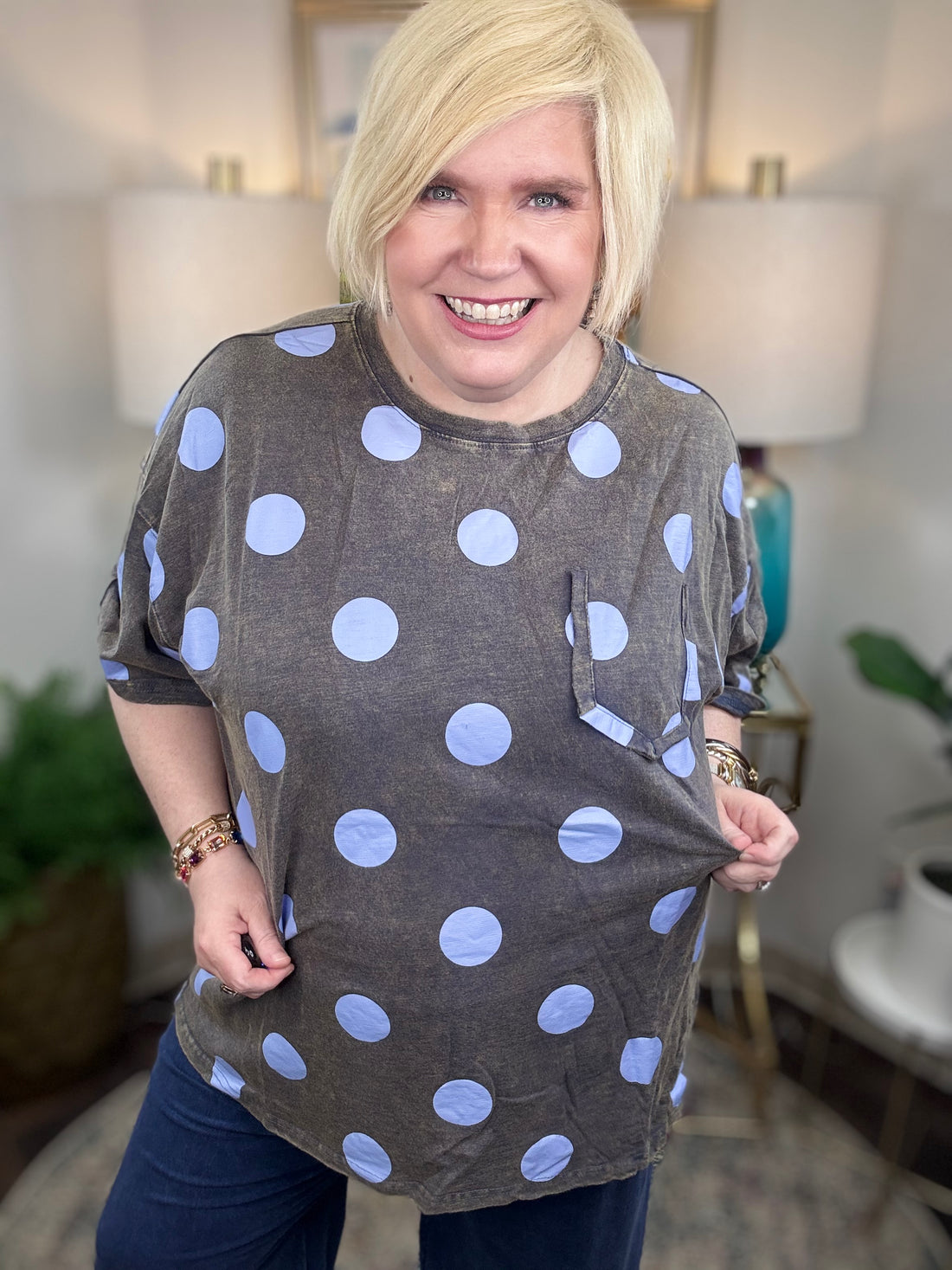 Seeing Spots Curvy Top in dark gray with periwinkle polka dots