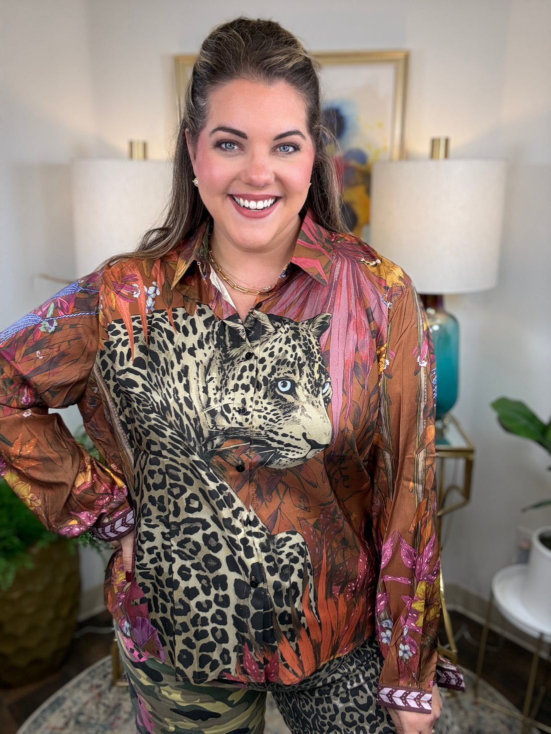 Leopard Motif Satin Button-Down