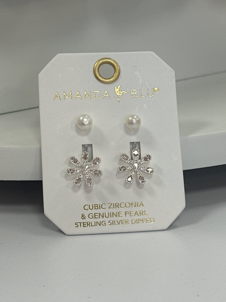 Silver Pearl with Drop CZ Flower Earrings