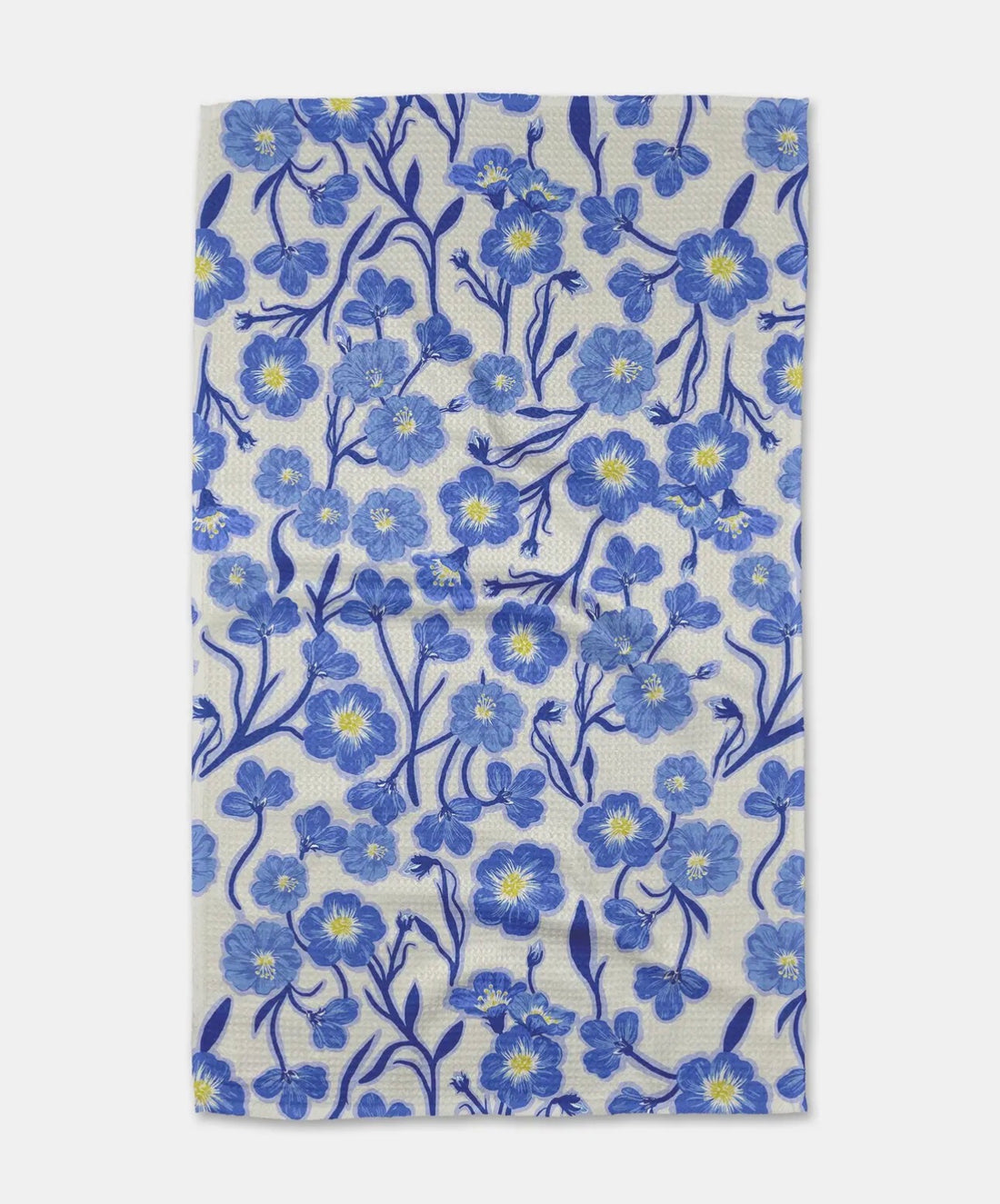 white tea towel with blue floral pattern