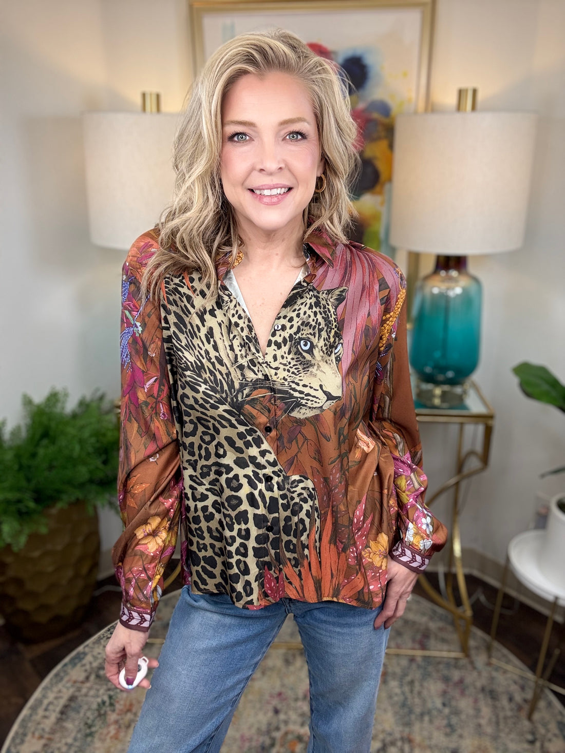 Leopard Motif Satin Button-Down