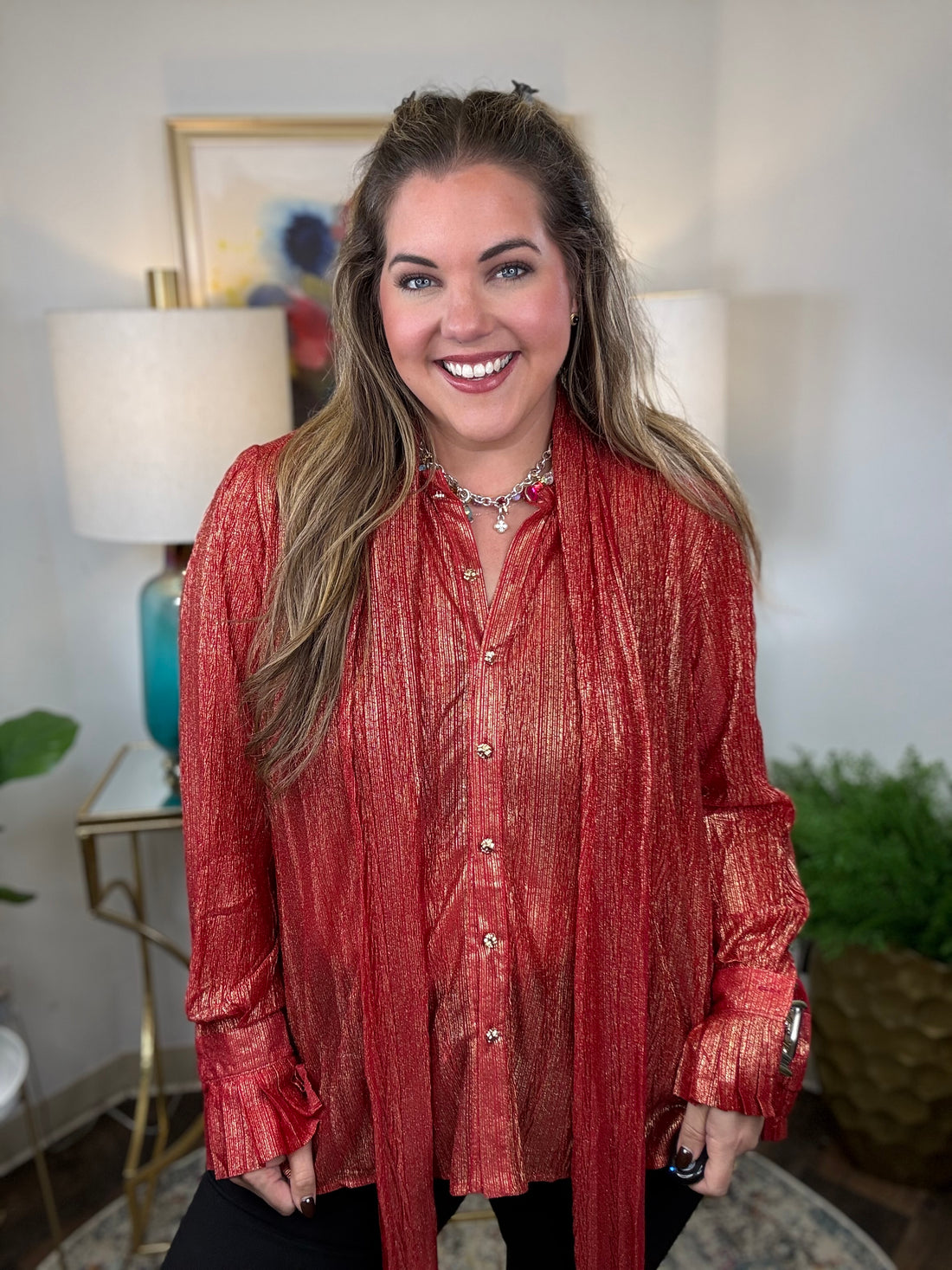 Tie One On Top in red plissé with gold metallic detail