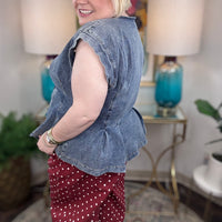 Women's maroon jeans with pink polka dot pattern