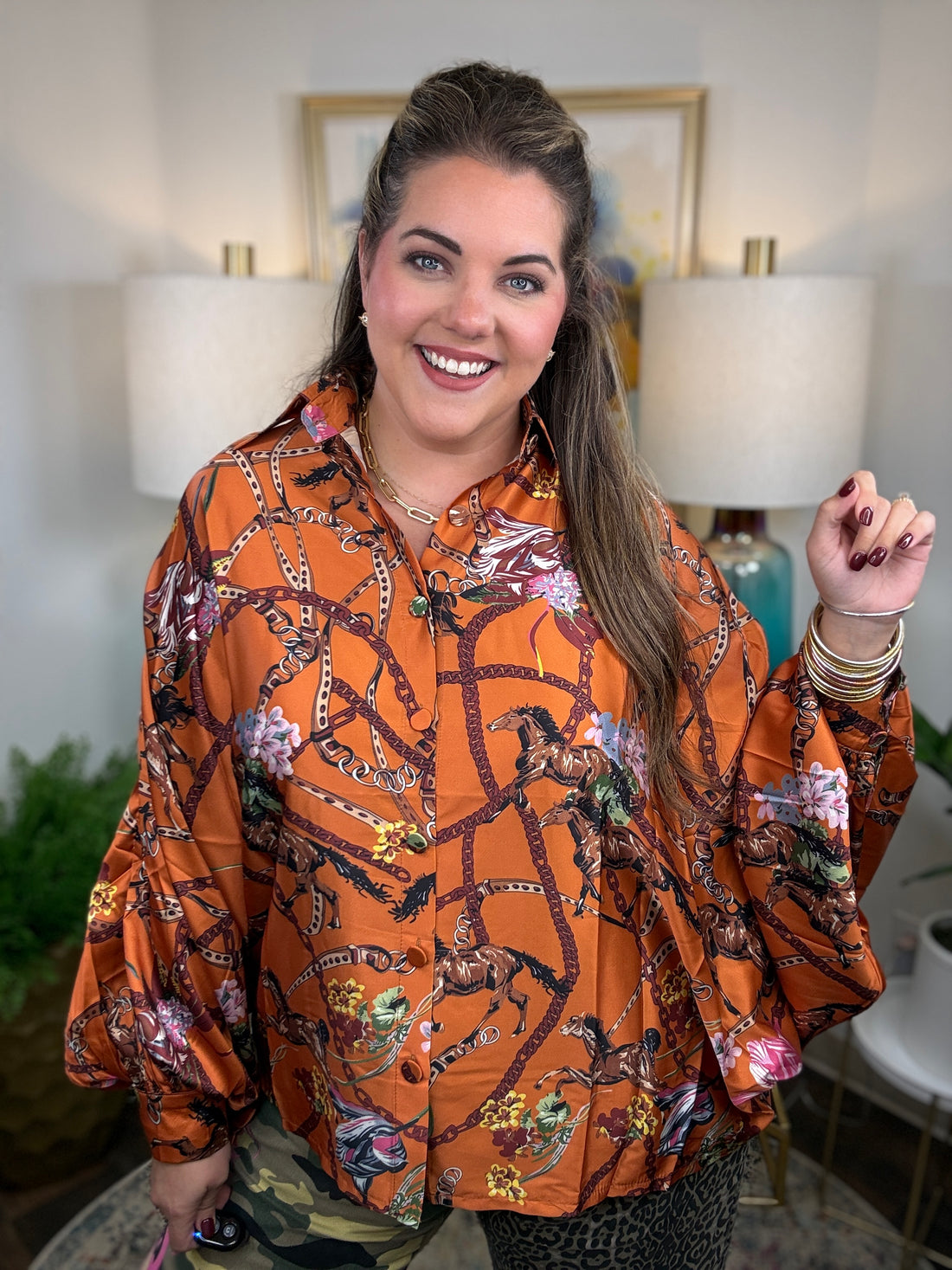 Draped Equestrian Motif Satin Blouse