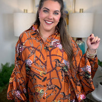 Draped Equestrian Motif Satin Blouse