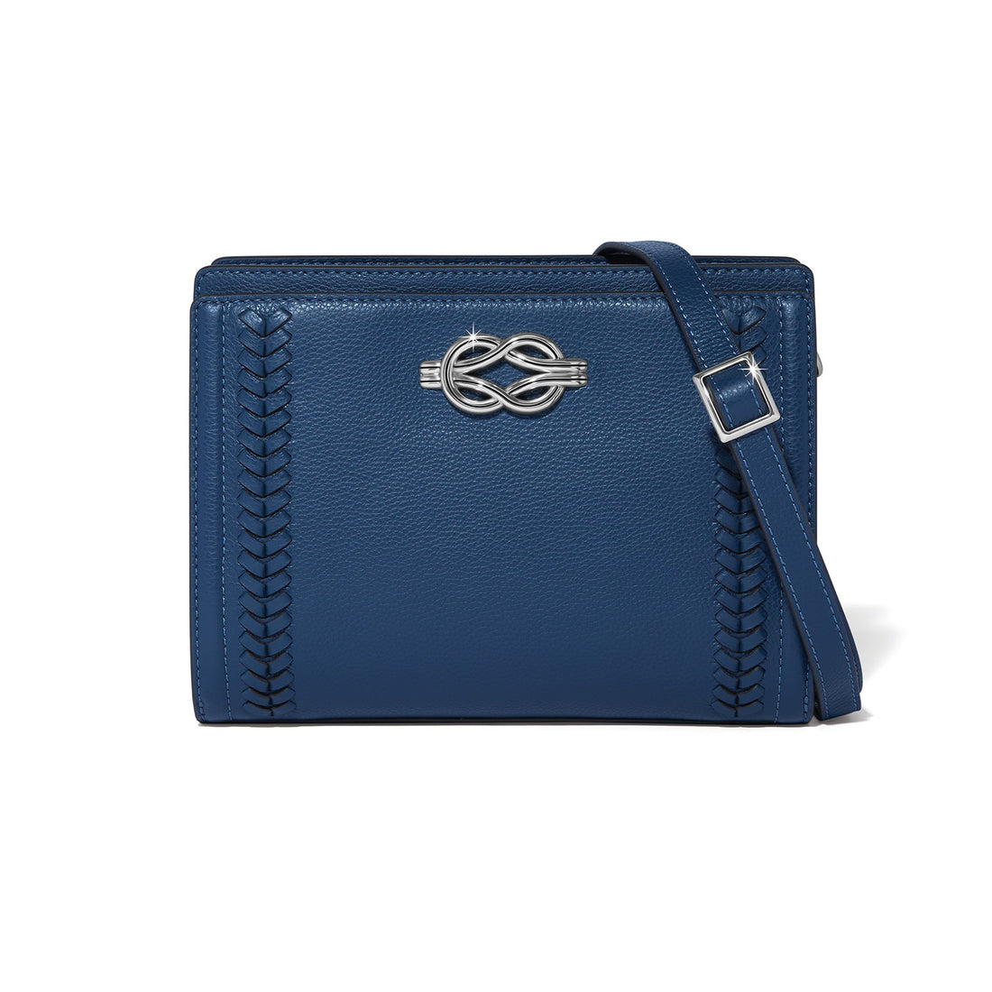 Blue leather handbag with a silver logo on a white background