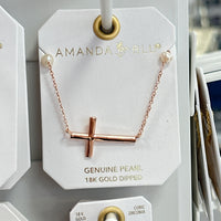 Rose Gold Laying Cross Pearls Necklace