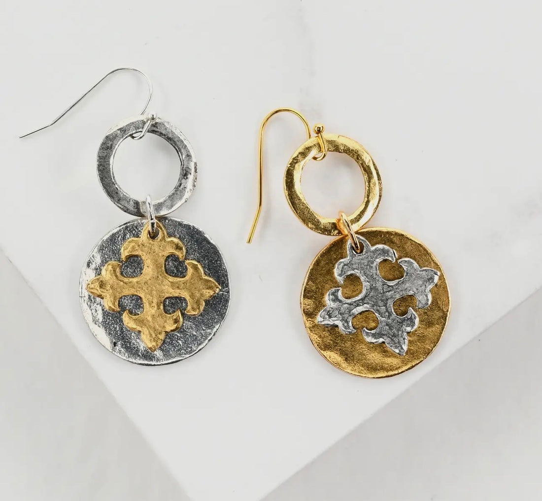 Silver and Gold drop earrings. Gold with silver cross accent. Silver with gold cross accent.