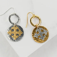 Silver and Gold drop earrings. Gold with silver cross accent. Silver with gold cross accent.