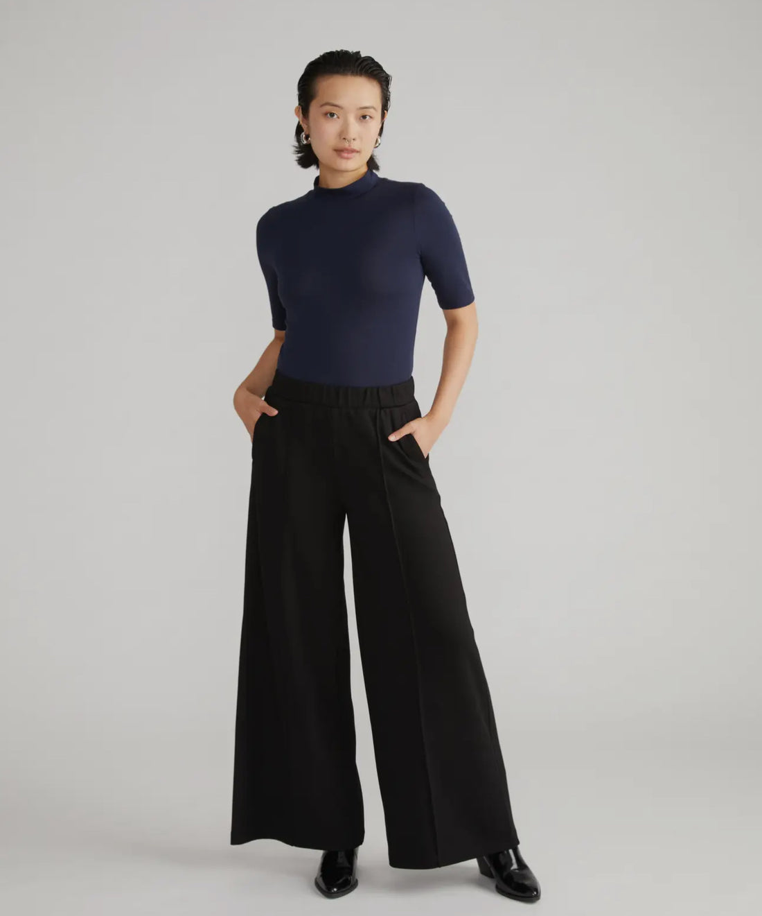 Pam Pintuck Wide Leg Ponte Pants-Black