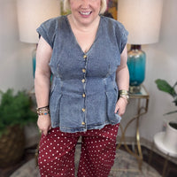 Women's maroon jeans with pink polka dot pattern