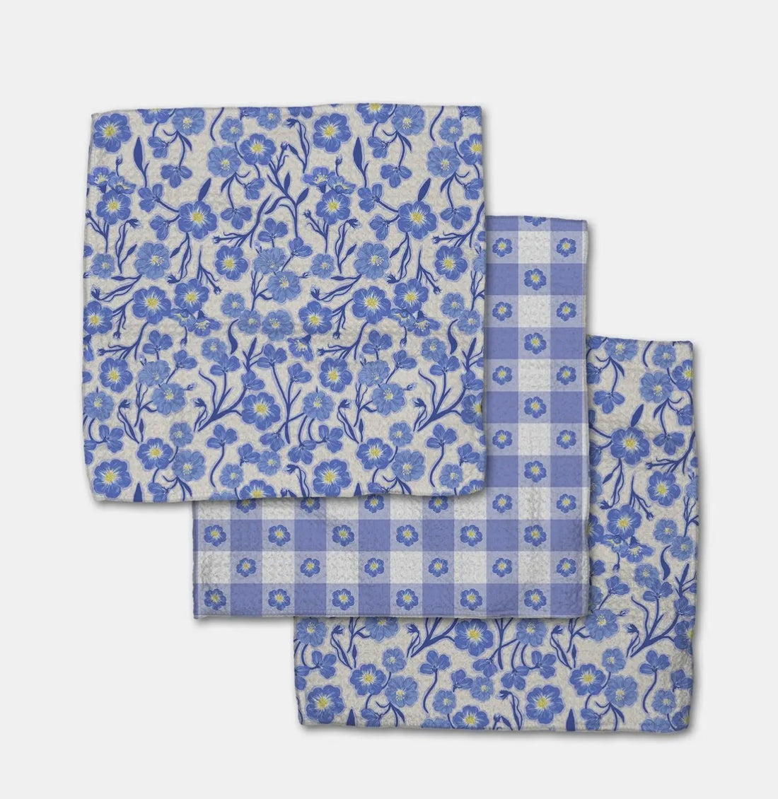 Set of three dish rags with blue floral and checkered patterns
