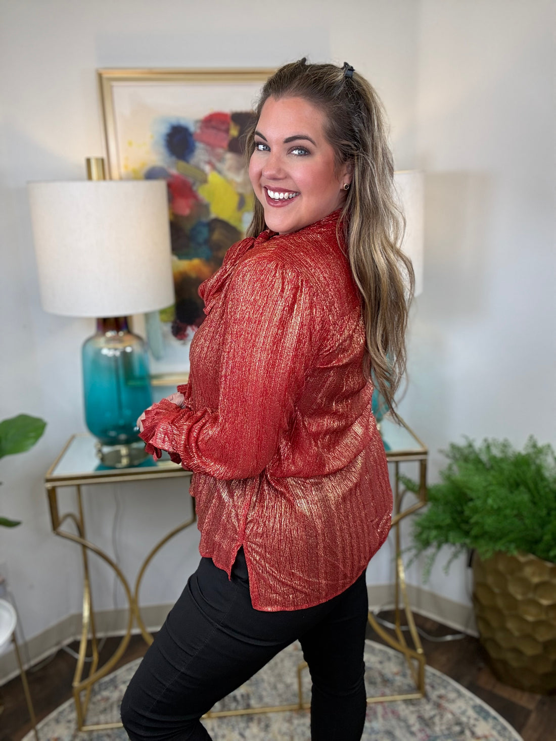 Tie One On Top in red plissé with gold metallic detail