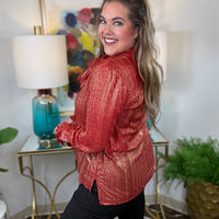 Tie One On Top in red plissé with gold metallic detail